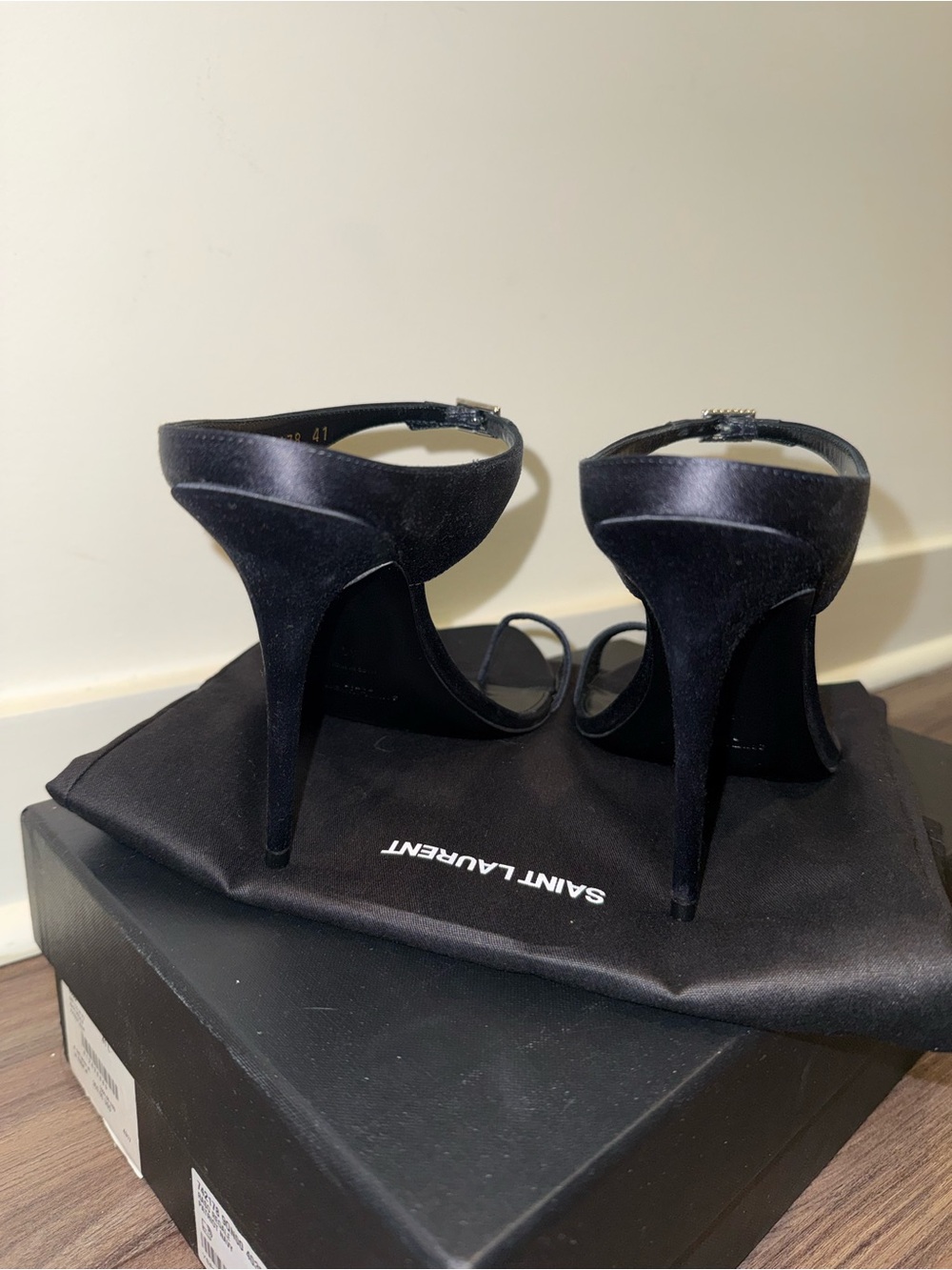 Saint Laurent Black Satin Knotted Slide Heels with Crystal Buckle - Picture 3 of 3